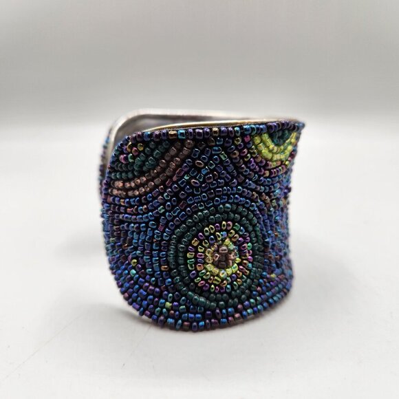 Seed Bead Peacock Toned Hammered Metal Bracelet Bangle Cuff 2" Adjusts to Fit - Picture 2 of 8